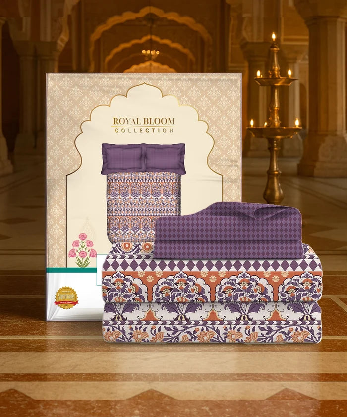 Home Essential Royal Bloom Queen Bedsheet Set, Rosario Purple| 144TC Cotton| 2 Pillow Covers