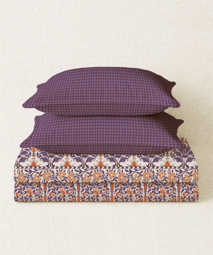 Home Essential Royal Bloom Queen Bedsheet Set, Rosario Purple| 144TC Cotton| 2 Pillow Covers