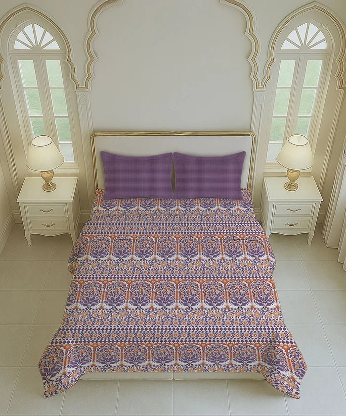 Home Essential Royal Bloom Queen Bedsheet Set, Rosario Purple| 144TC Cotton| 2 Pillow Covers