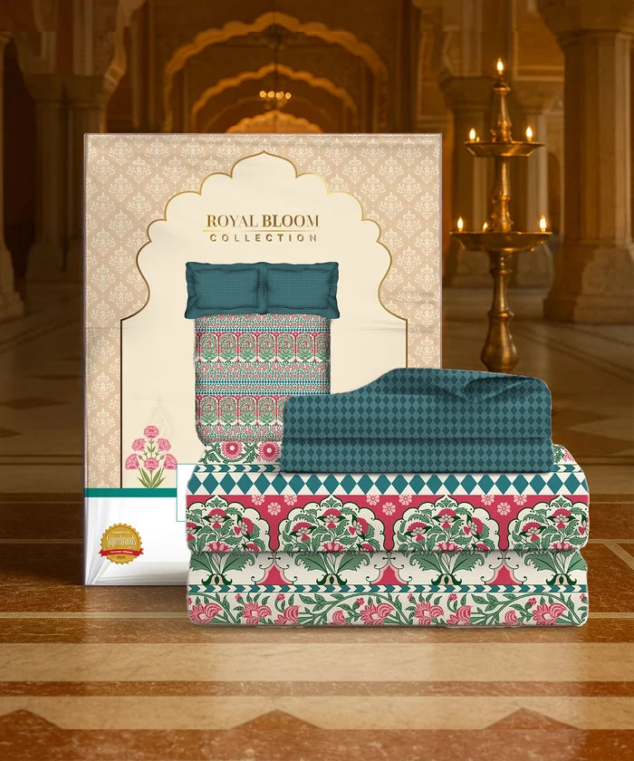 Home Essential Royal Bloom Queen Bedsheet Set, Rosario Teal| 144TC Cotton| 2 Pillow Covers