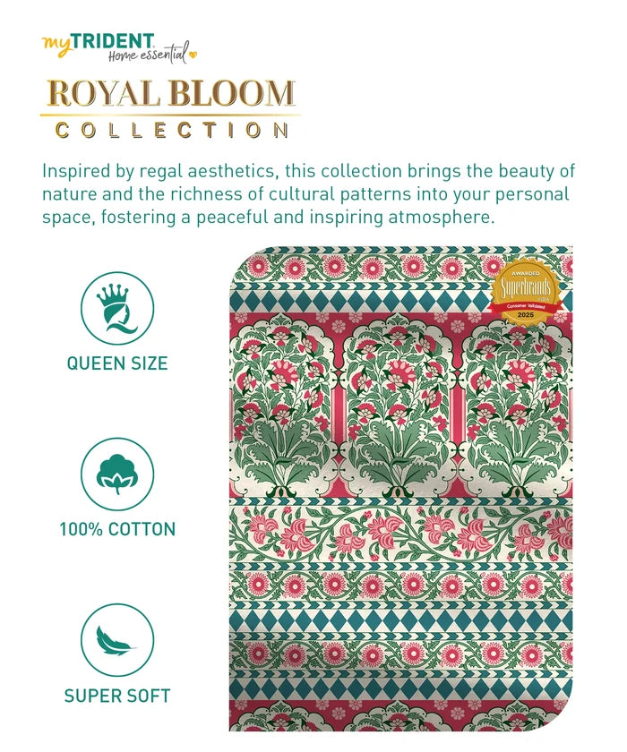 Home Essential Royal Bloom Queen Bedsheet Set, Rosario Teal| 144TC Cotton| 2 Pillow Covers