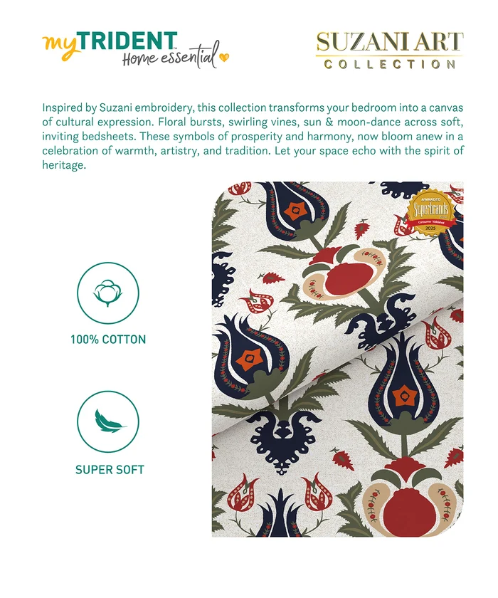 Home Essential Suzani Bedding Set, Bahar|144 TC Cotton| 4 Pc Set
