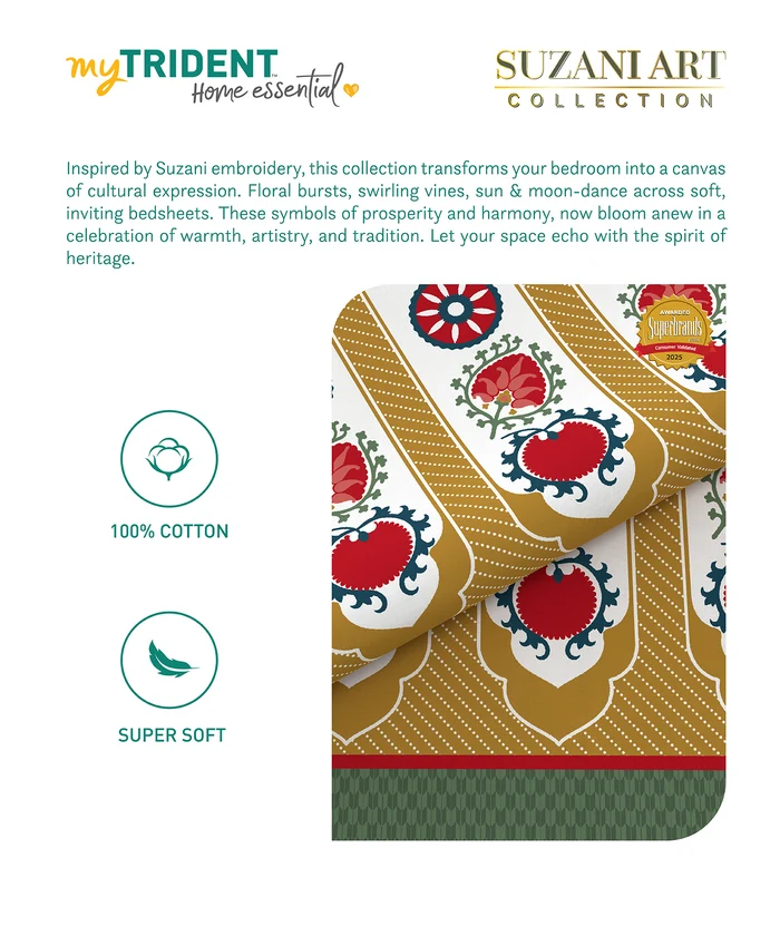 Home Essential Suzani Bedding Set, Khush Rang|144 TC Cotton| 4 Pc Set