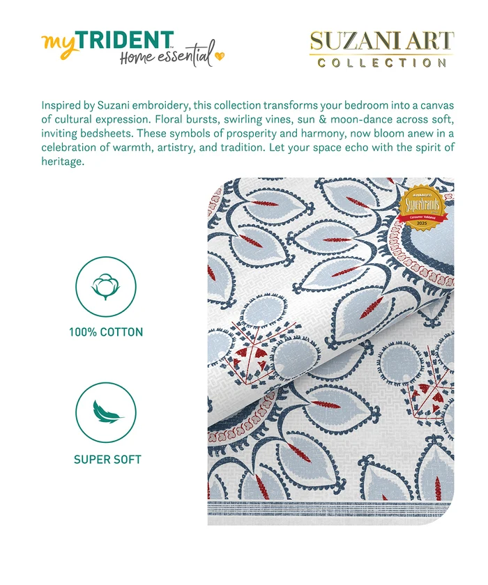 Home Essential  Suzani King Bedsheet, Vata Stuti|144TC Cotton| 2 Pillow Covers