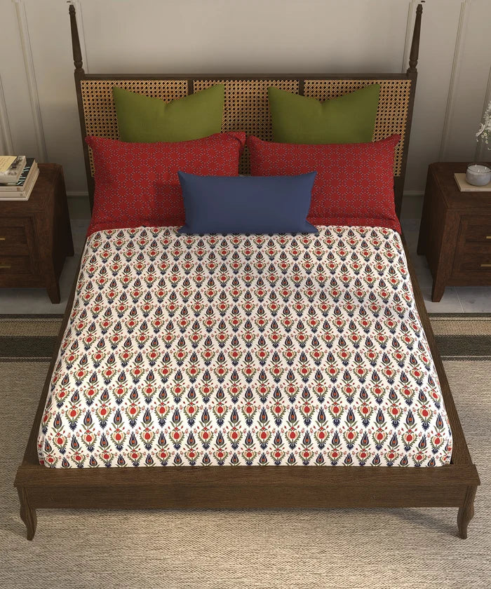Home Essential Suzani King Fitted Bedsheet Set, Bahar|144 TC Cotton| 2 Pillow Covers