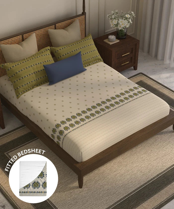 Home Essential Suzani King Fitted Bedsheet Set, Nagma|144 TC Cotton| 2 Pillow Covers