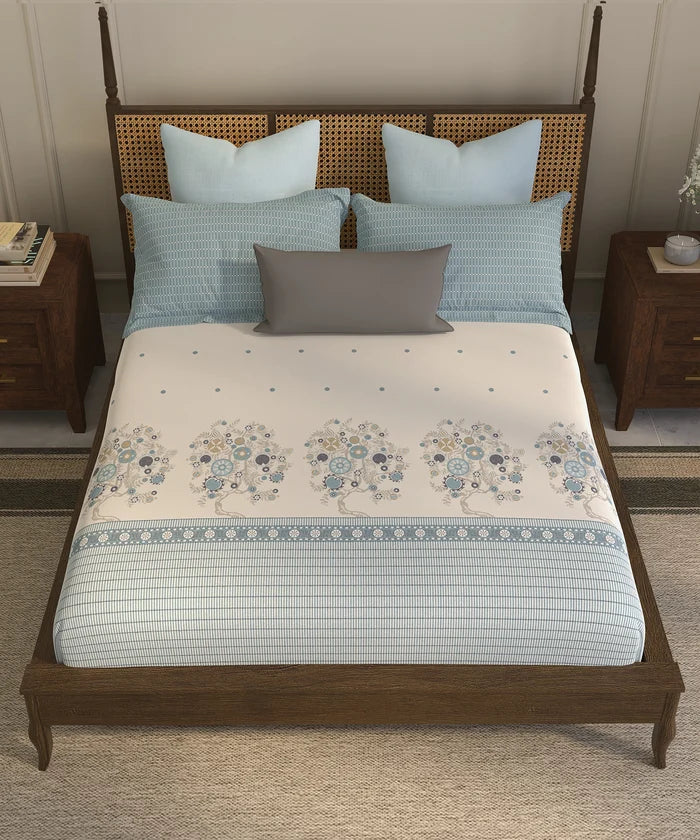 Home Essential Suzani King Fitted Bedsheet Set, Resham Raag|144 TC Cotton| 2 Pillow Covers
