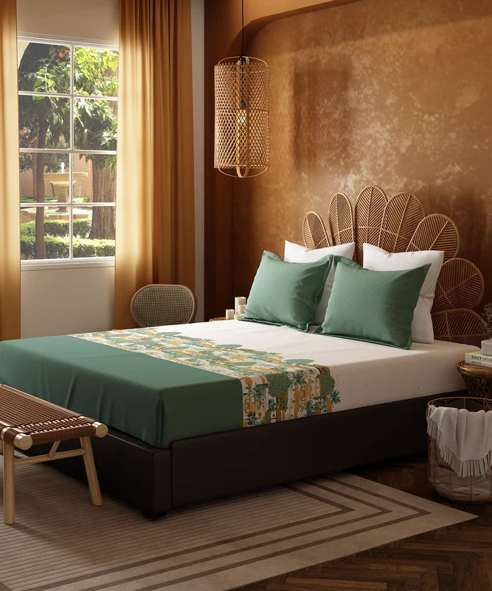 Home Essentials Namaste Bharat Bedding Set, Chhetinad Green| 144 TC Cotton|4 Pc Set
