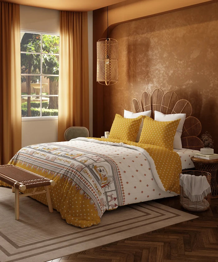 Home Essentials Namaste Bharat Bedding Set, Shor Gul Yellow | 144 TC Cotton|4 Pc Set