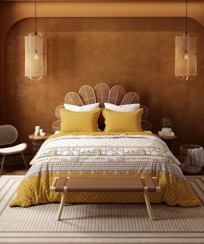 Home Essentials Namaste Bharat Bedding Set, Shor Gul Yellow | 144 TC Cotton|4 Pc Set