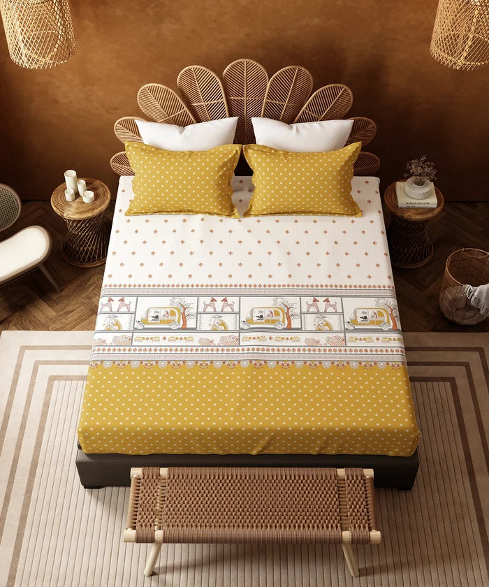 Home Essentials Namaste Bharat Bedding Set, Shor Gul Yellow | 144 TC Cotton|4 Pc Set