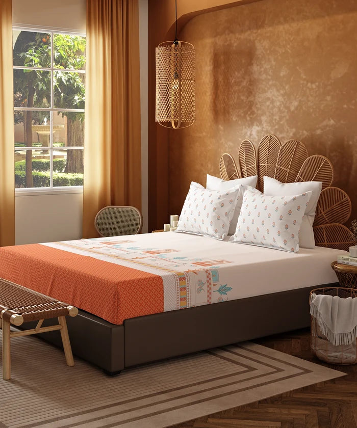Home Essentials Namaste Bharat Bedding Set, Vatsalya Orange| 144 TC Cotton|4 Pc Set