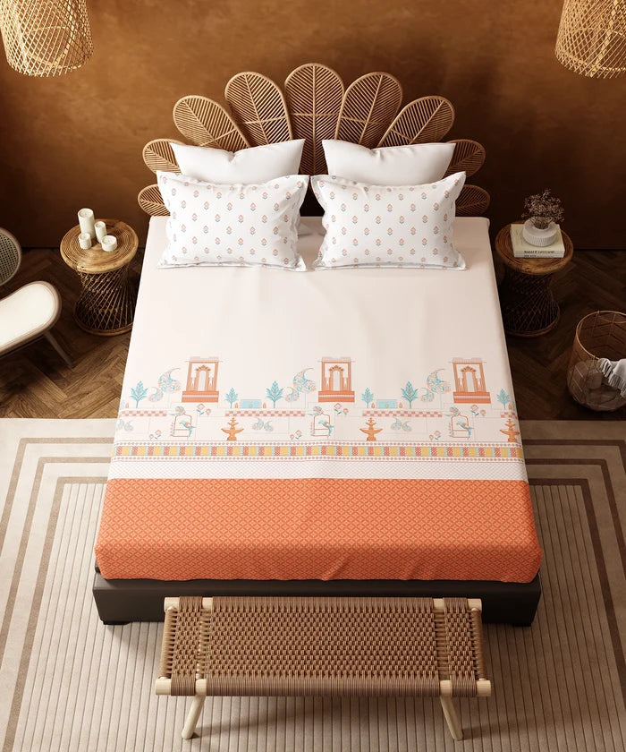 Home Essentials Namaste Bharat Bedding Set, Vatsalya Orange| 144 TC Cotton|4 Pc Set