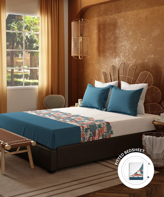 Home Essentials Namaste Bharat Fitted Bedsheet Set, Chetinad Blue| 144 TC Cotton| 2 Pillow Covers