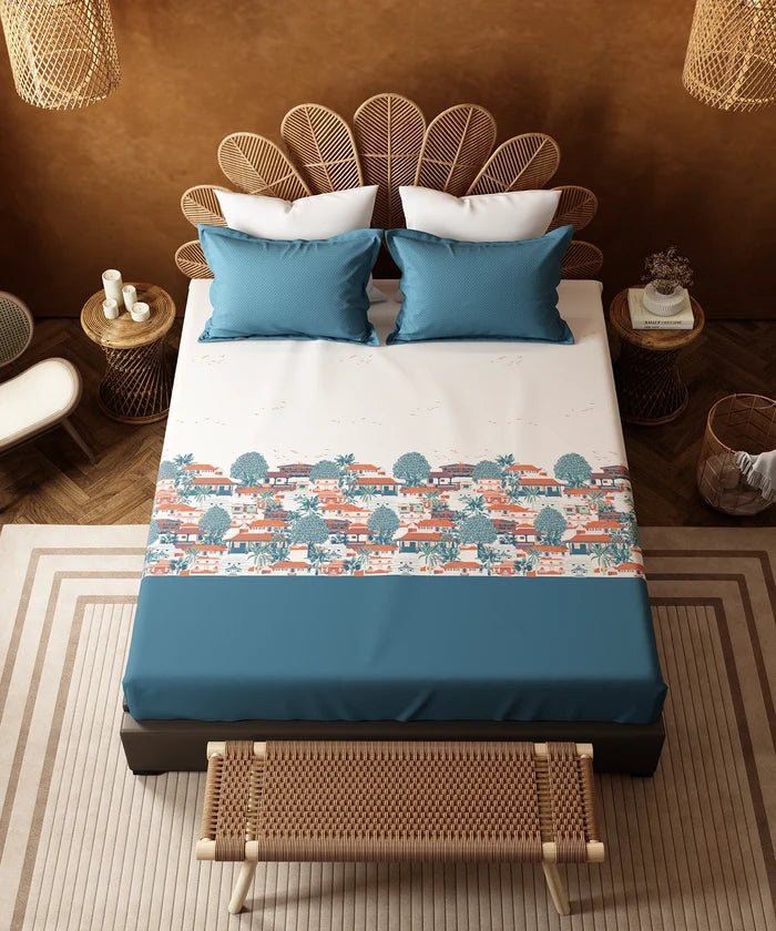 Home Essentials Namaste Bharat Fitted Bedsheet Set, Chetinad Blue| 144 TC Cotton| 2 Pillow Covers