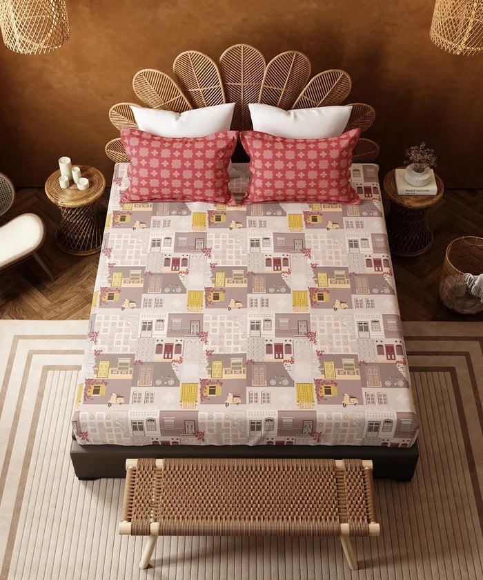Home Essentials Namaste Bharat Fitted Bedsheet Set, Dakshin Dwaar Brown| 144 TC Cotton| 2 Pillow Covers