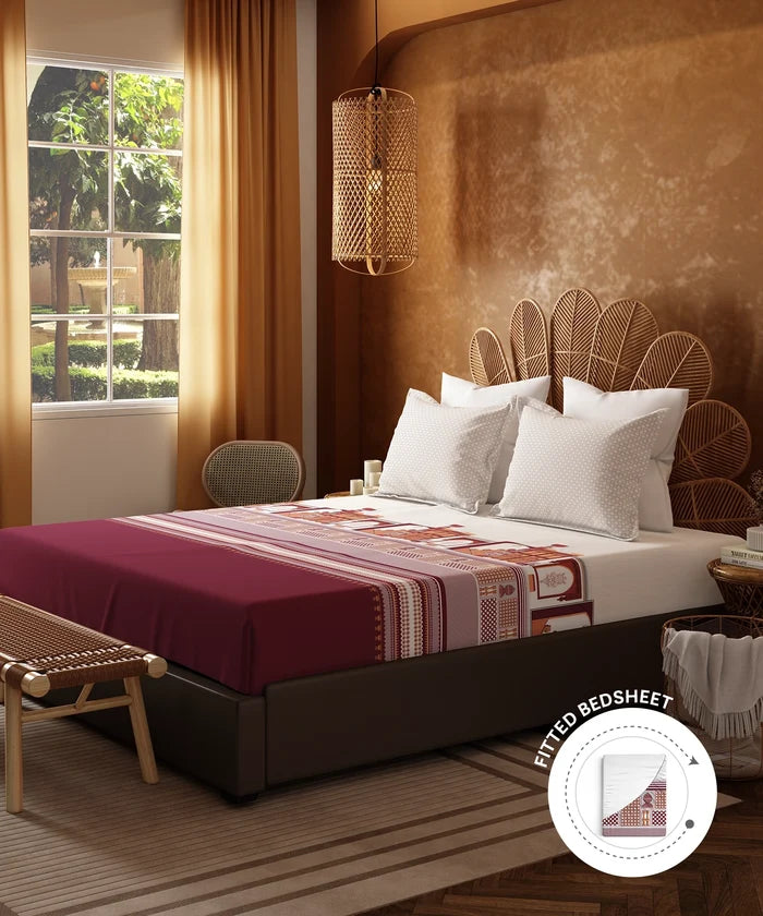 Home Essentials Namaste Bharat Fitted Bedsheet Set, Gharonda Terracotta| 144 TC Cotton| 2 Pillow Covers