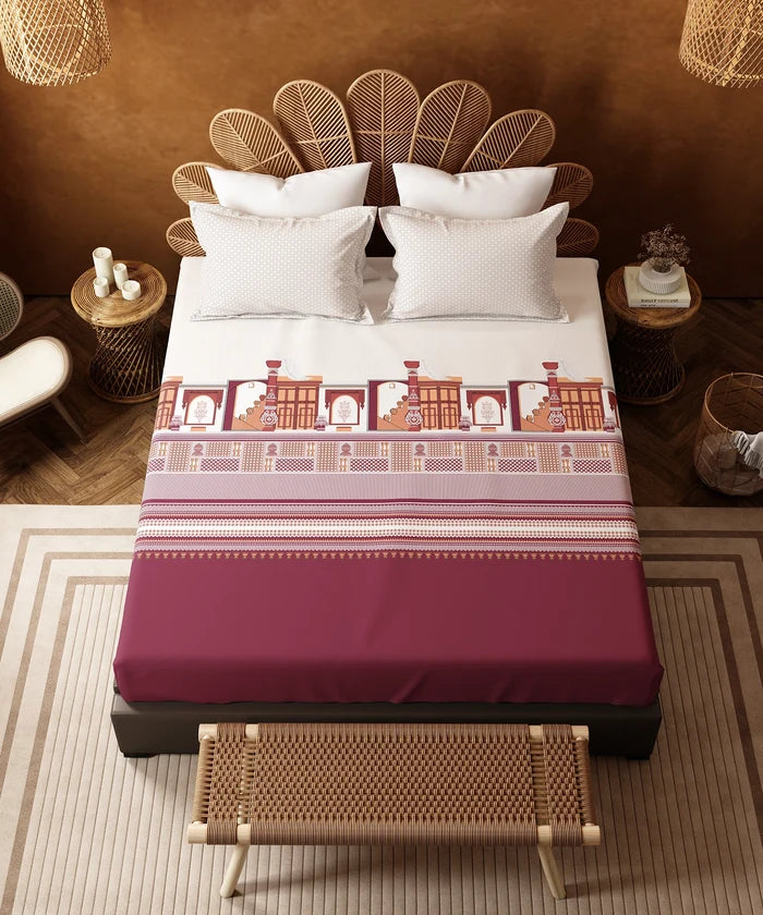 Home Essentials Namaste Bharat Fitted Bedsheet Set, Gharonda Terracotta| 144 TC Cotton| 2 Pillow Covers