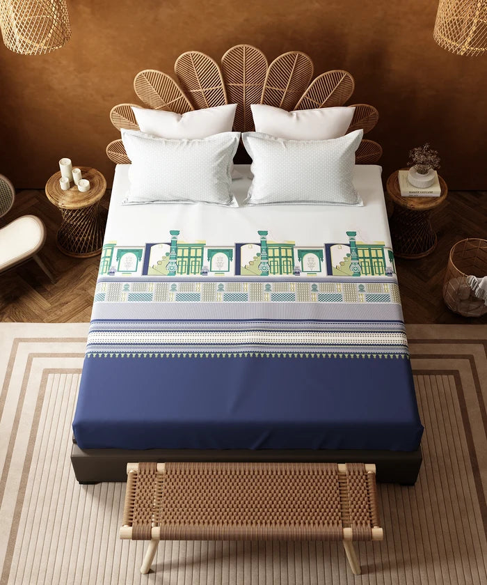 Home Essentials Namaste Bharat Fitted Bedsheet Set, Gharonda Turquoise| 144 TC Cotton| 2 Pillow Covers