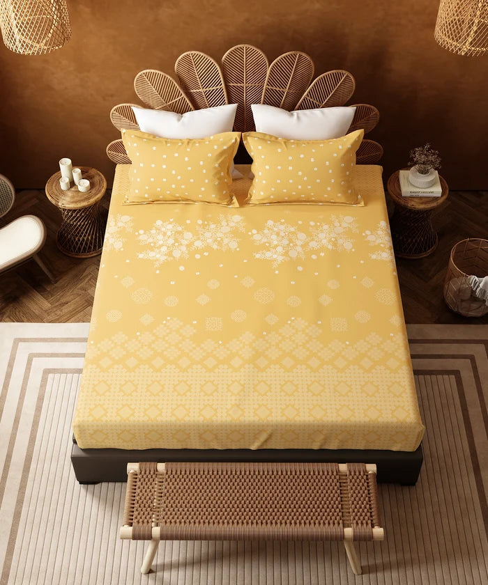 Home Essentials Namaste Bharat Fitted Bedsheet Set, Kolam Streets Yellow|144 TC Cotton| 2 Pillow Covers