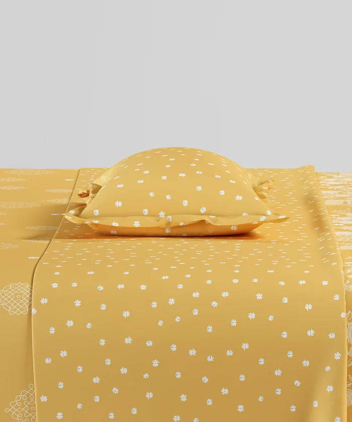 Home Essentials Namaste Bharat Fitted Bedsheet Set, Kolam Streets Yellow|144 TC Cotton| 2 Pillow Covers