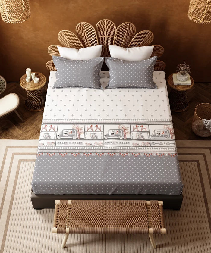 Home Essentials Namaste Bharat Fitted Bedsheet Set, Shor Gul Grey|144 TC Cotton| 2 Pillow Covers