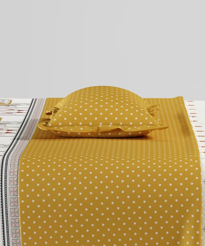 Home Essentials Namaste Bharat Fitted Bedsheet Set, Shor Gul Yellow|144 TC Cotton| 2 Pillow Covers