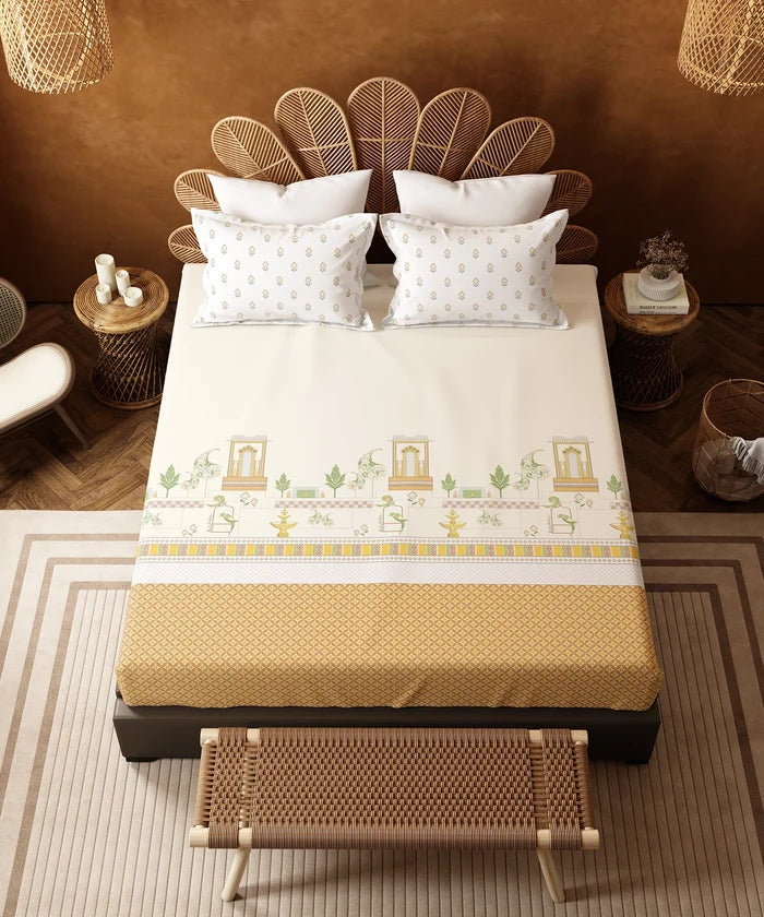 Home Essentials Namaste Bharat Fitted Bedsheet Set, Vatsalya Orche|144 TC Cotton| 2 Pillow Covers