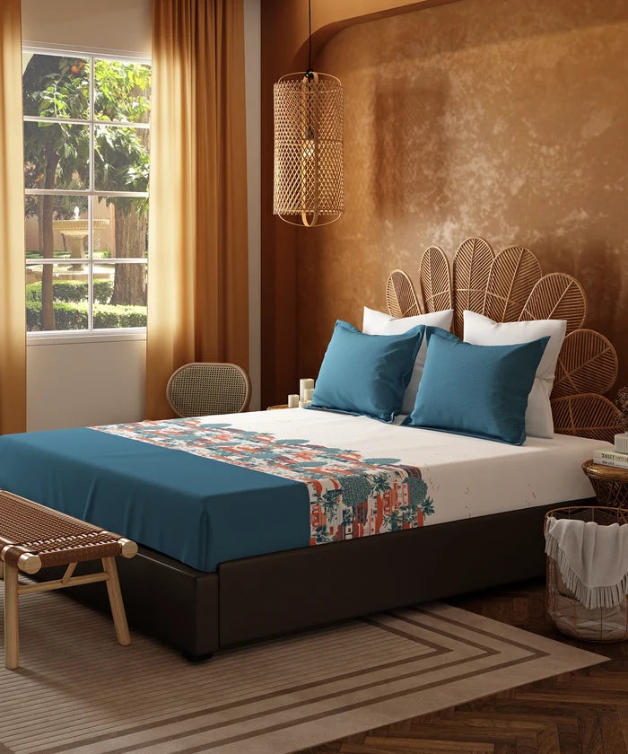 Home Essentials Namaste Bharat King Bedsheet Set, Chhetinad Blue |144 TC Cotton| 2 Pillow Covers