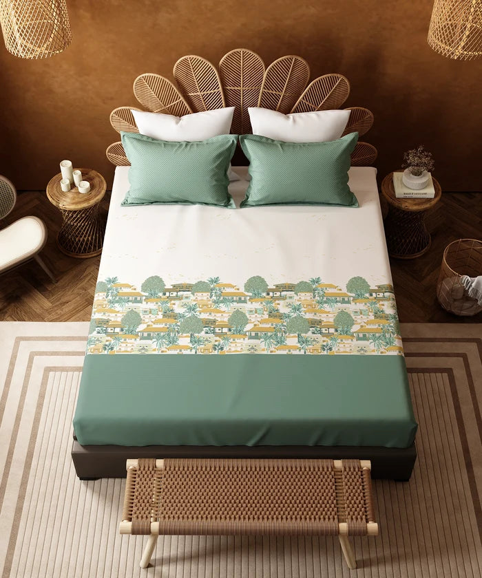 Home Essentials Namaste Bharat King Bedsheet Set, Chhetinad Green |144 TC Cotton| 2 Pillow Covers