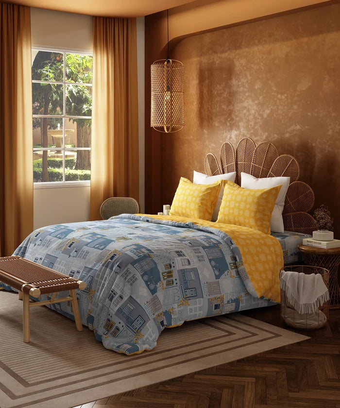 Home Essentials Namaste Bharat King Bedsheet Set, Dakshin Dwaar Blue |144 TC Cotton| 2 Pillow Covers