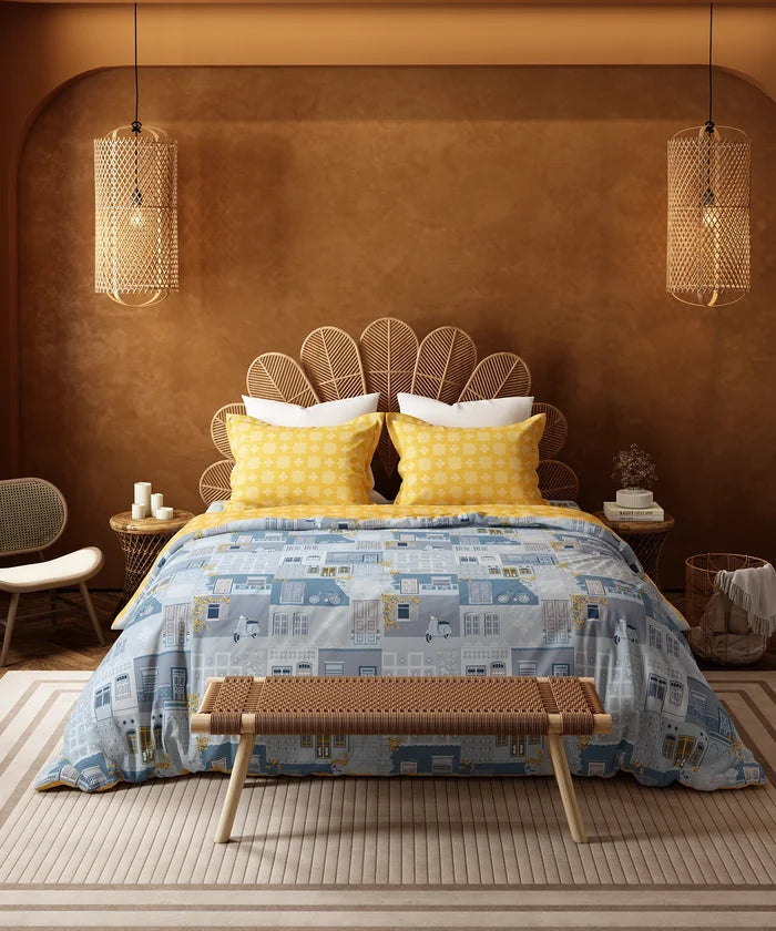Home Essentials Namaste Bharat King Bedsheet Set, Dakshin Dwaar Blue |144 TC Cotton| 2 Pillow Covers