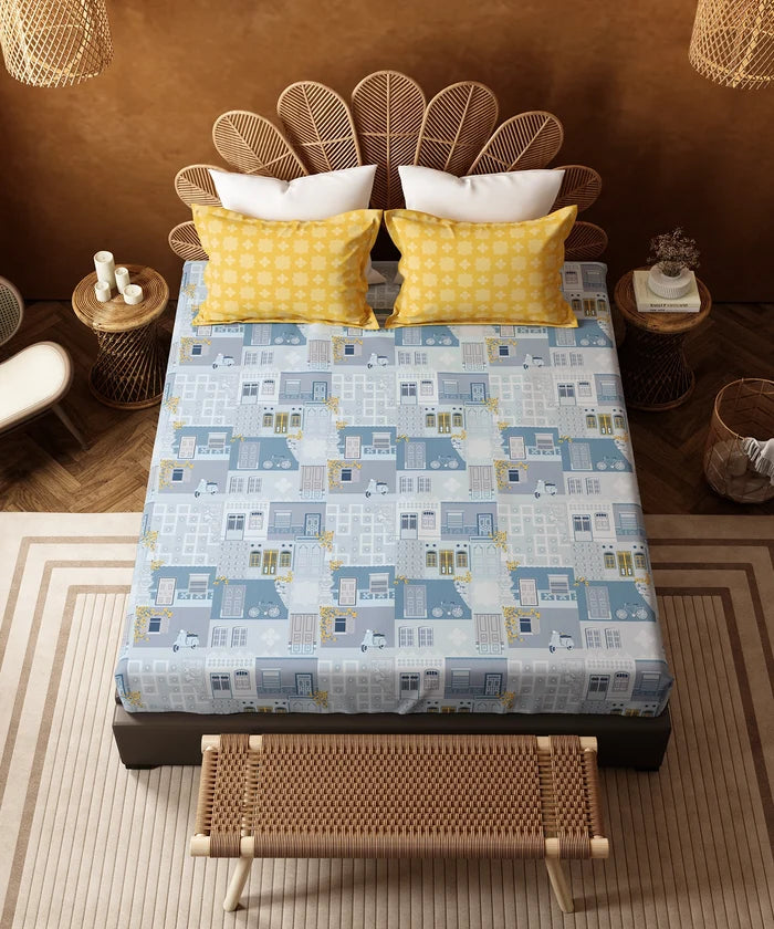 Home Essentials Namaste Bharat King Bedsheet Set, Dakshin Dwaar Blue |144 TC Cotton| 2 Pillow Covers