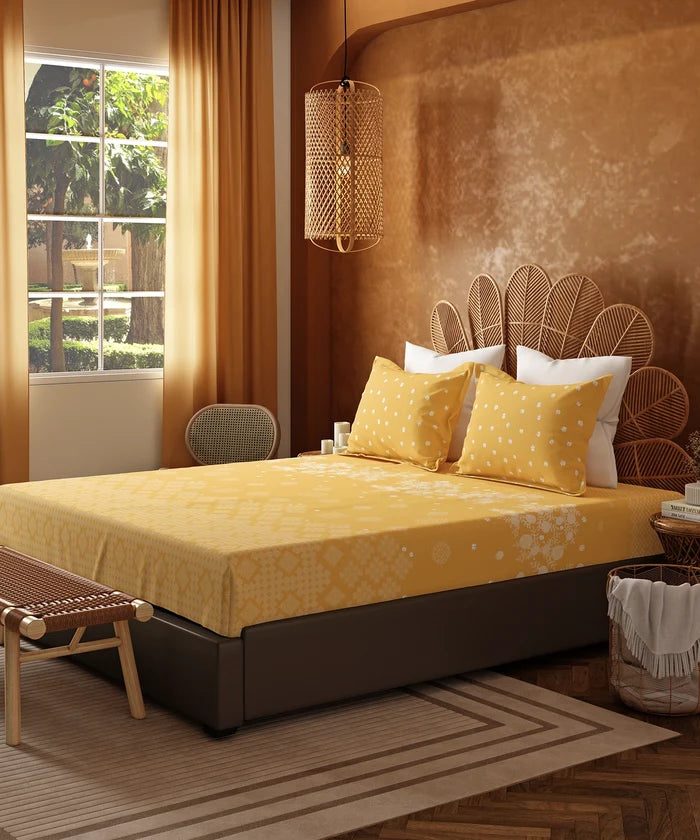 Home Essentials Namaste Bharat King Bedsheet Set, Kolam Streets Yellow|144 TC Cotton| 2 Pillow Covers