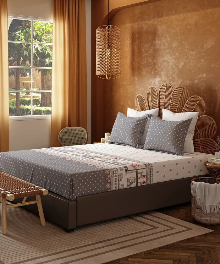 Home Essentials Namaste Bharat King Bedsheet Set, Shor Gul Grey|144 TC Cotton| 2 Pillow Covers