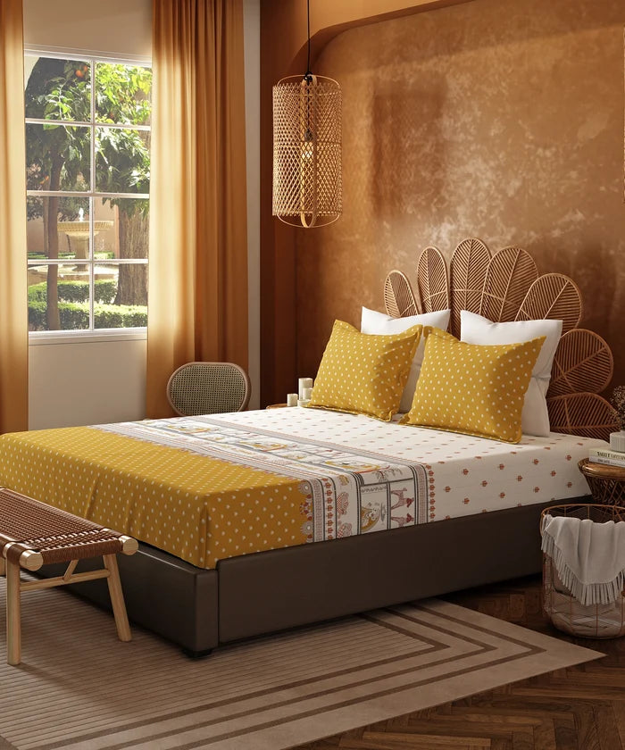 Home Essentials Namaste Bharat King Bedsheet Set, Shor Gul Yellow|144 TC Cotton| 2 Pillow Covers