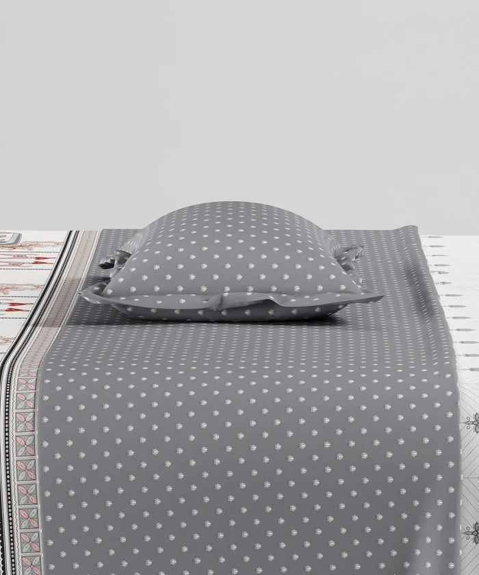 Home Essentials Namaste Bharat Single Bedsheet Set, Shor Gul Grey| 144 TC Cotton| 1 Pillow Cover
