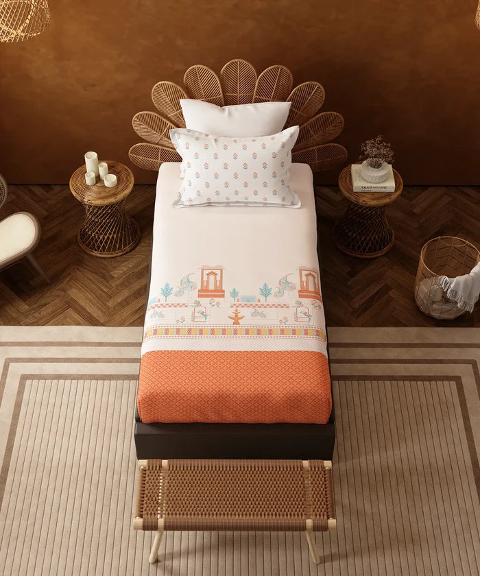 Home Essentials Namaste Bharat Single Bedsheet Set, Vatsalya Orange| 144 TC Cotton| 1 Pillow Cover