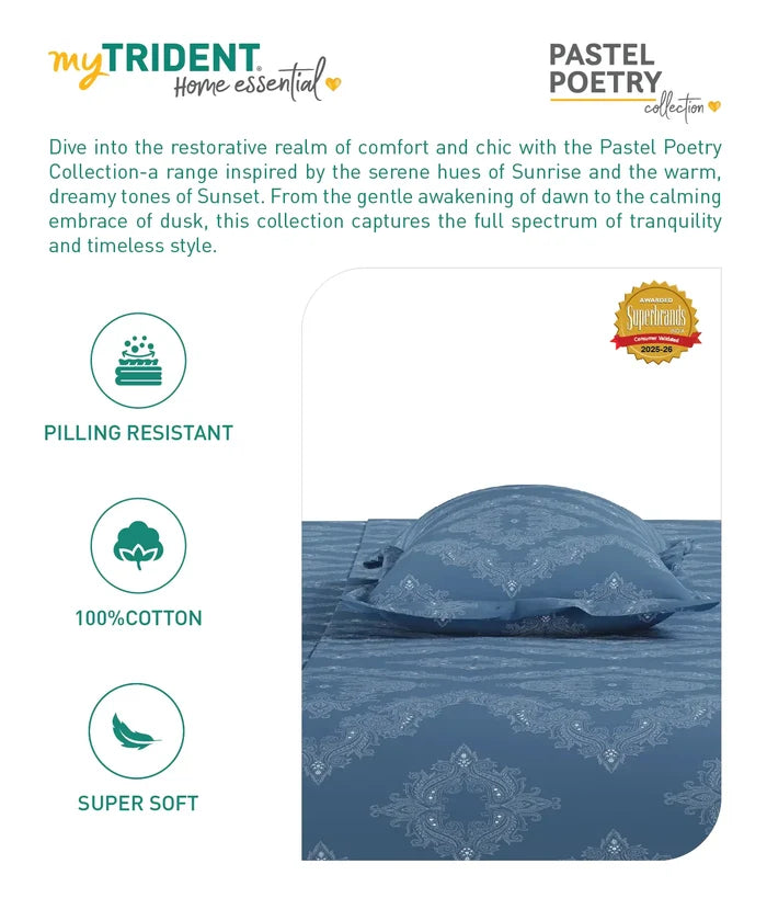 Home Essentials Pastel Poetry Bedding Set, Sanjh Denim| 144 TC Cotton|4 Pc Set