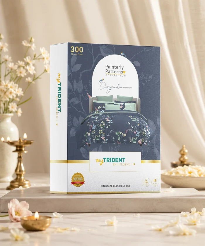 Indulgence Painterly Pattern King Bedsheet Set, Blue Bank|300 TC Cotton| 4 Pillow Covers
