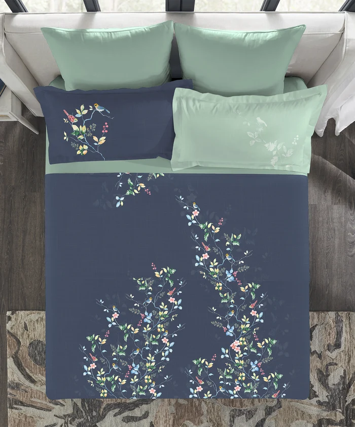 Indulgence Painterly Pattern King Bedsheet Set, Blue Bank|300 TC Cotton| 4 Pillow Covers