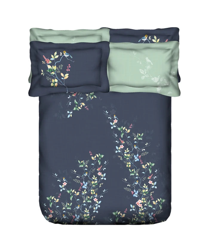Indulgence Painterly Pattern King Bedsheet Set, Blue Bank|300 TC Cotton| 4 Pillow Covers
