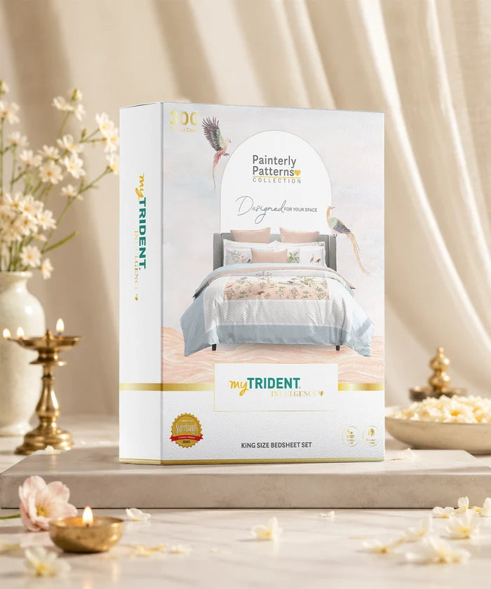 Indulgence Painterly Pattern King Bedsheet Set, Feathers in the field|300 TC Cotton| 4 Pillow Covers
