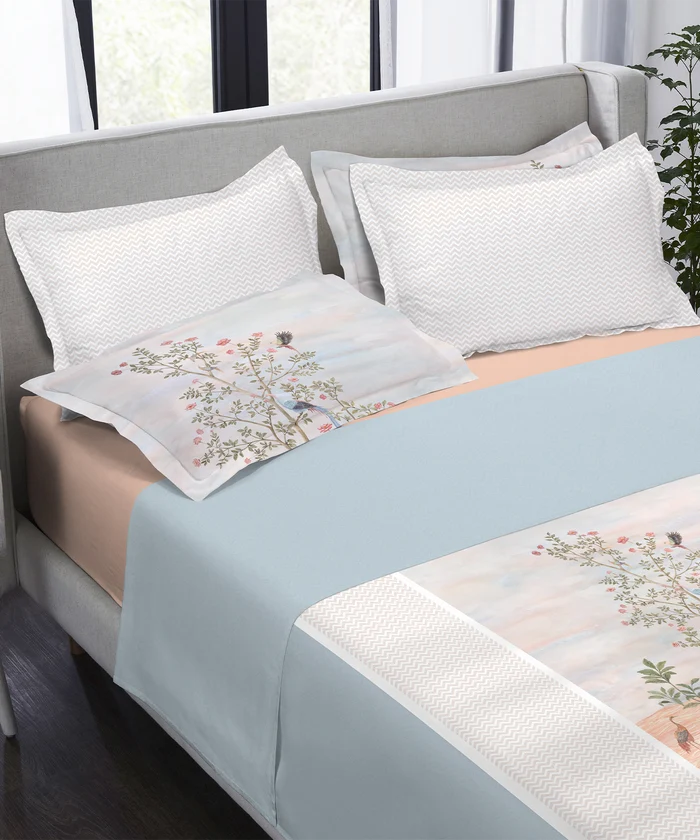 Indulgence Painterly Pattern King Bedsheet Set, Feathers in the field|300 TC Cotton| 4 Pillow Covers