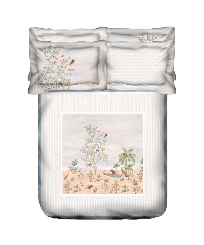 Indulgence Painterly Pattern King Bedsheet Set, Feathers in the field|300 TC Cotton| 4 Pillow Covers