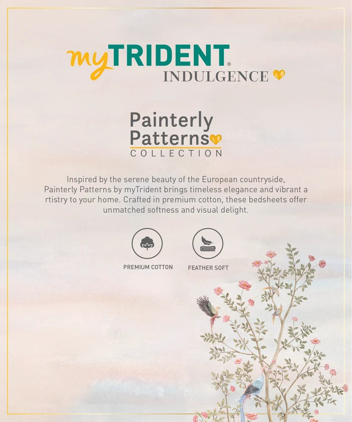 Indulgence Painterly Pattern King Bedsheet Set, Feathers in the field|300 TC Cotton| 4 Pillow Covers