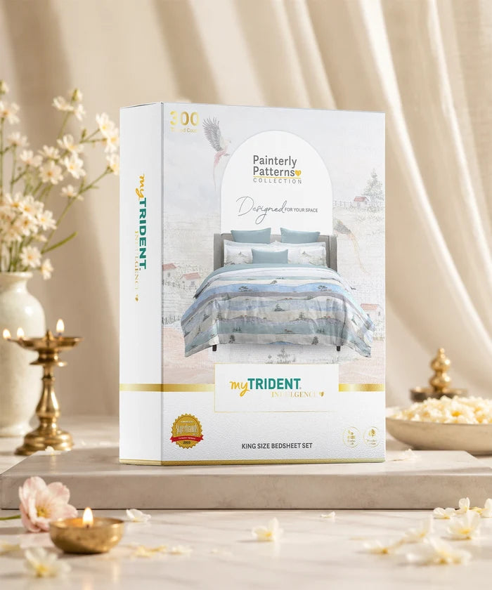 Indulgence Painterly Pattern King Bedsheet Set, Hillside Harvest|300 TC Cotton| 4 Pillow Covers