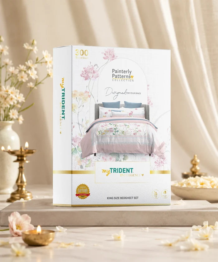 Indulgence Painterly Pattern King Bedsheet Set, Petals of South|300 TC Cotton| 4 Pillow Covers