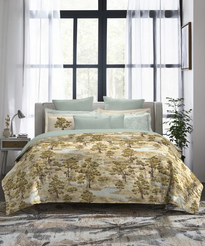 Indulgence Painterly Pattern King Bedsheet Set, Whispering Forest|300 TC Cotton| 4 Pillow Covers