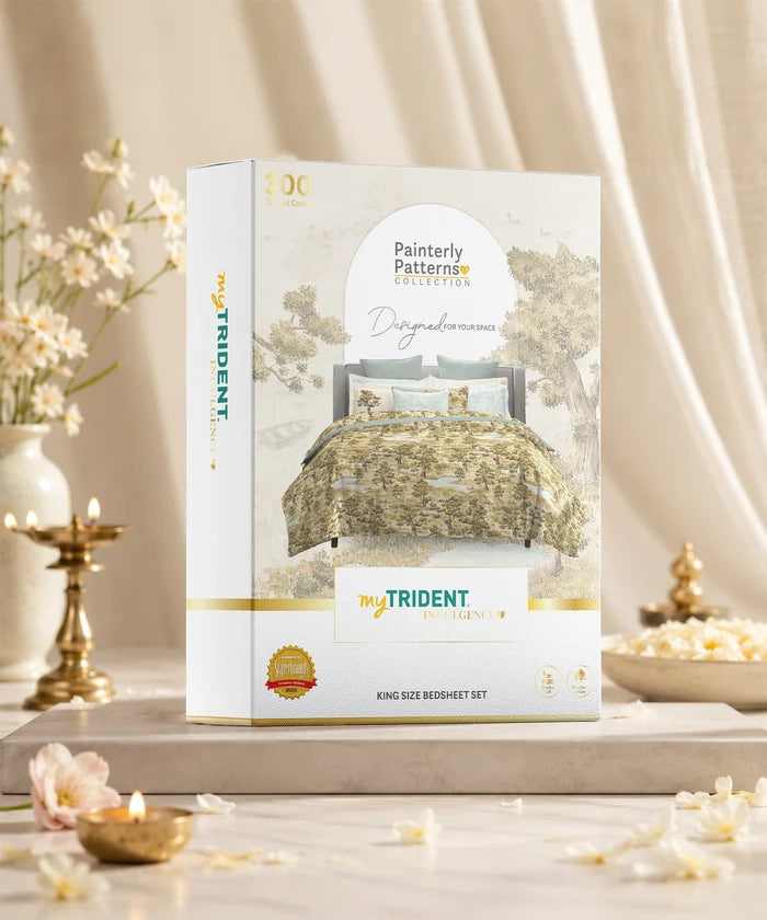 Indulgence Painterly Pattern King Bedsheet Set, Whispering Forest|300 TC Cotton| 4 Pillow Covers